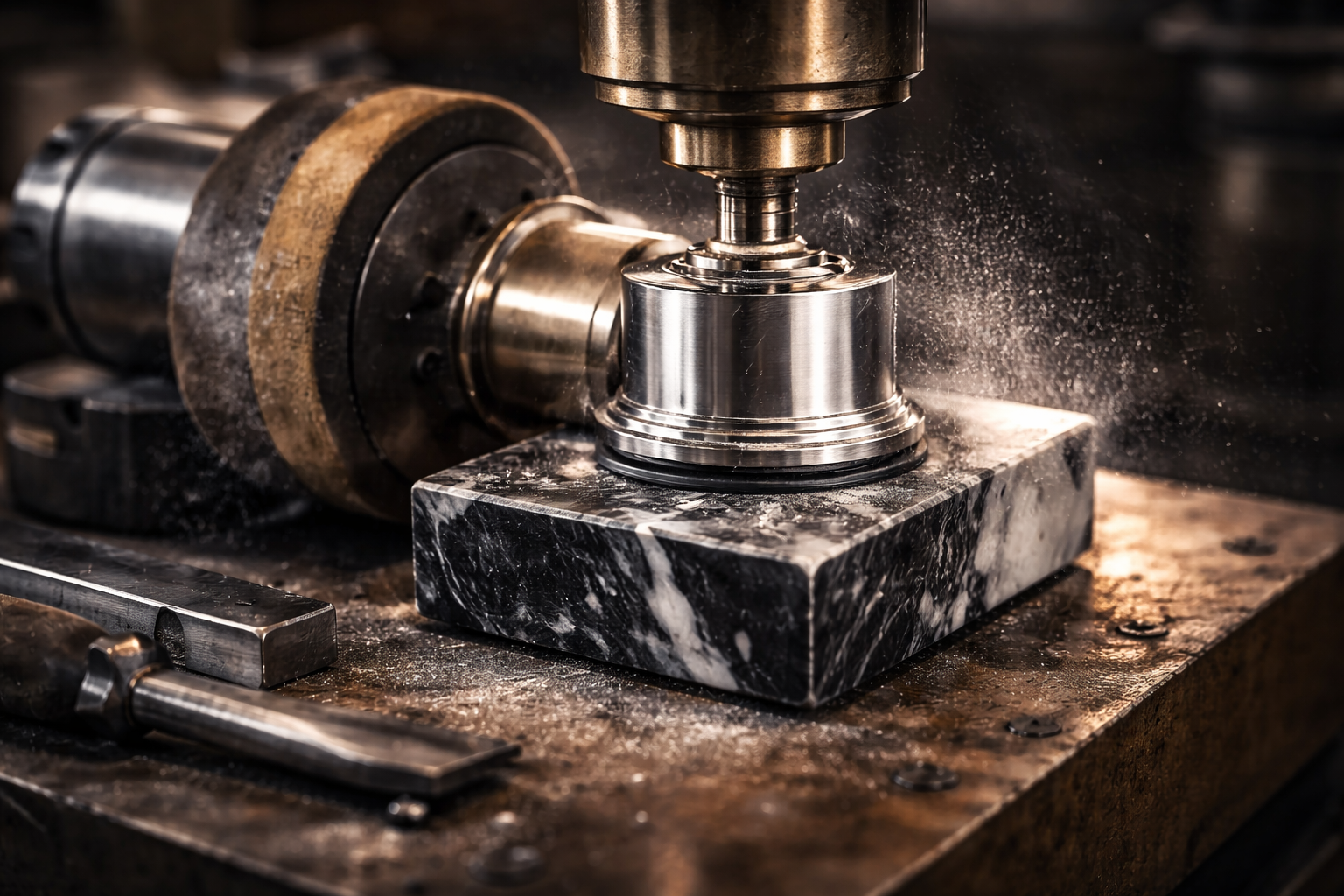 Steinwerkstatt: Polieren eines Marmorsockels